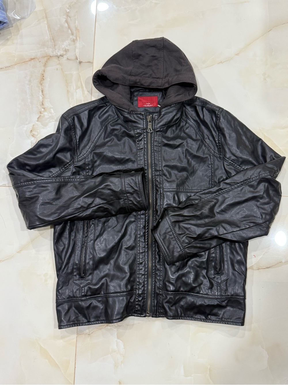 Men's Black Faux Leather Jacket with Attached Hood